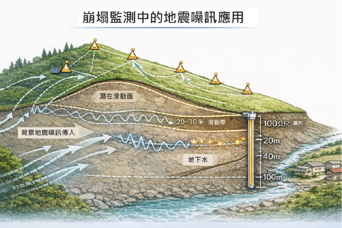 圖4 崩塌監測中的地震噪訊應用示意圖 (圖像由ChatGPT 5.2 AI協作生成)